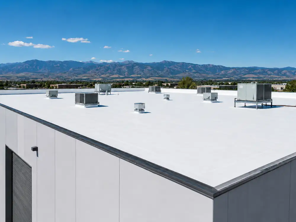 Commercial flat TPO roof with rooftop HVAC units on a Colorado building below the Front Range