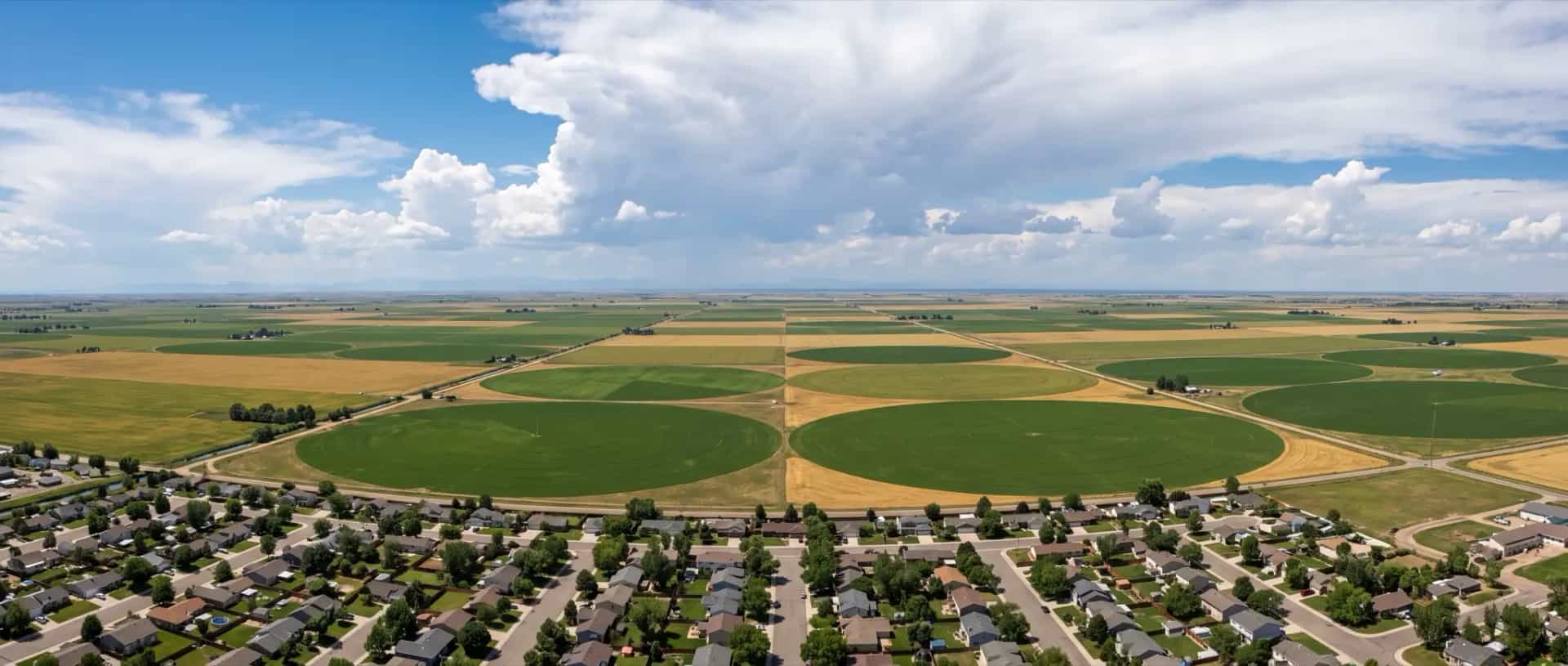 Illustrative representation of rooftops giving way to irrigated farmland and open high plains near Greeley, Colorado under a big prairie sky