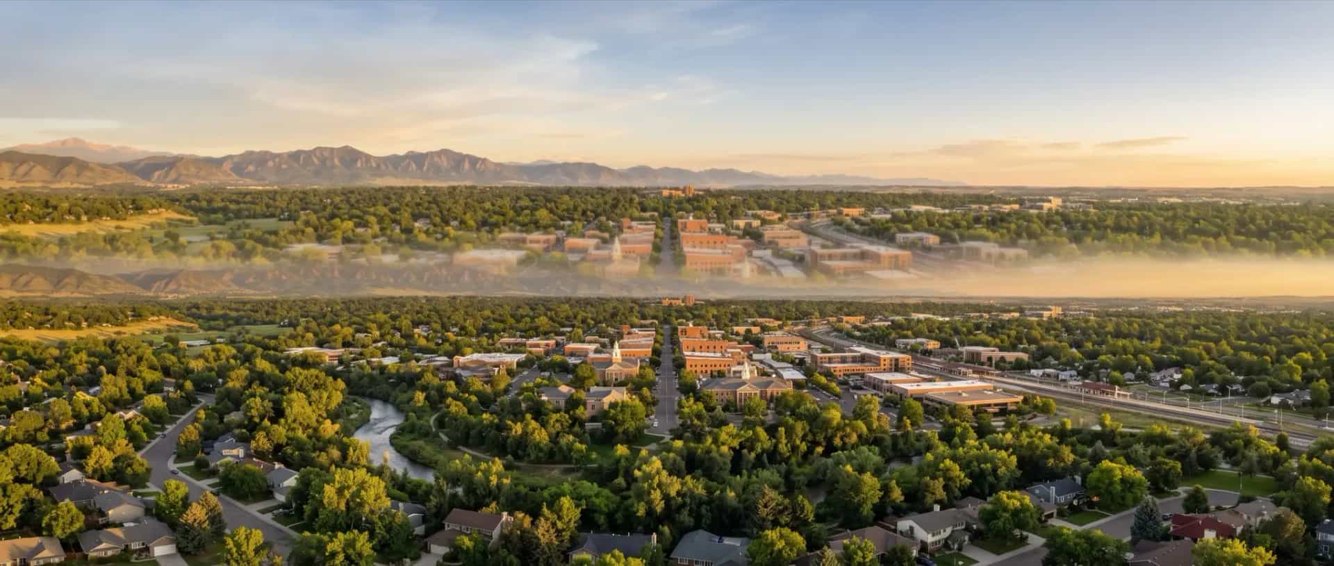 Illustrative representation of established rooftops and heavy tree cover along the South Platte corridor in Littleton, Colorado