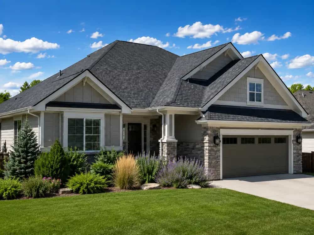 Asphalt shingle roof on a Colorado home with a clear blue sky