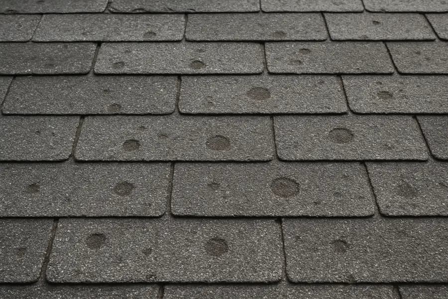 Illustrative close-up of subtle hail damage on an asphalt shingle roof: scattered round spots where the granules have been knocked off