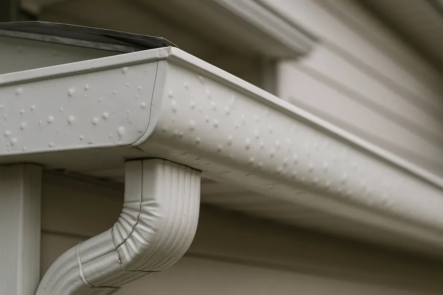 Illustrative close-up of a hail-dimpled white metal gutter and downspout on a home exterior