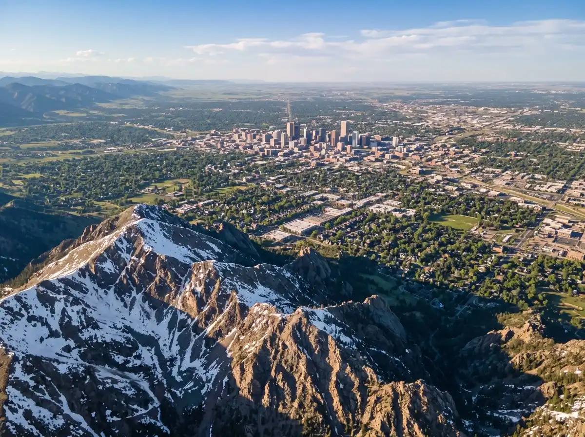 Illustrative representation of the Denver metro area and the Colorado Front Range, with the city spread below the foothills and the Rocky Mountains beyond