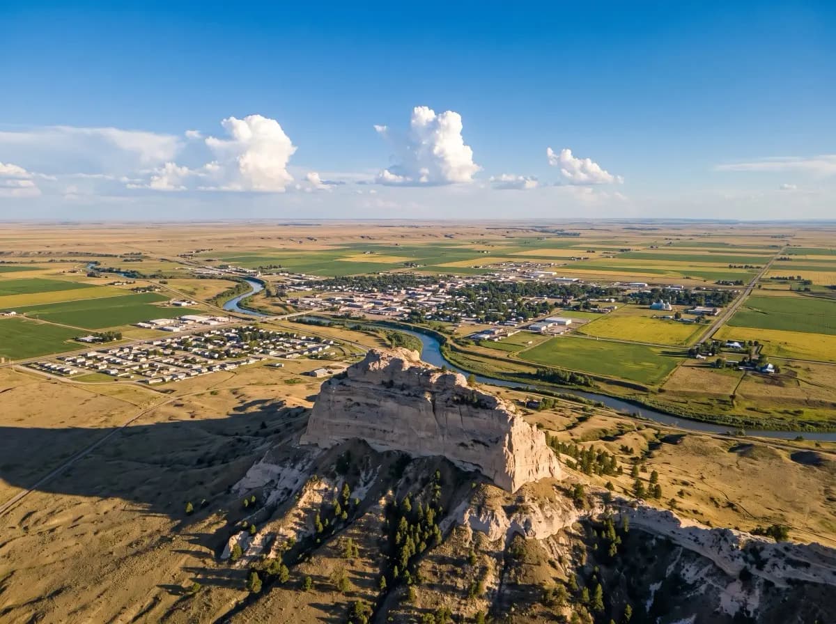 Illustrative representation of the Nebraska Panhandle, with the bluffs at Scotts Bluff rising above the North Platte valley and open prairie beyond