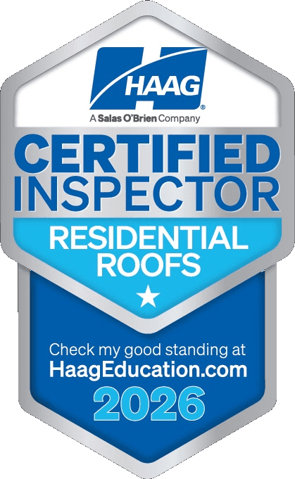 Haag Certified Inspector badge for Residential Roofs, valid 2026