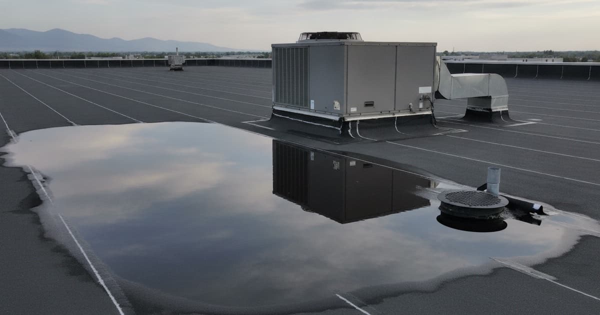 Aerial drone photo of ponding water on a commercial flat membrane roof near an HVAC unit