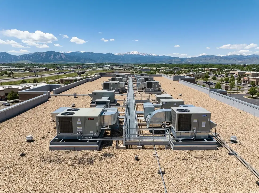 Illustrative representation of a built-up roof with a gravel-ballast surface on a Colorado commercial building