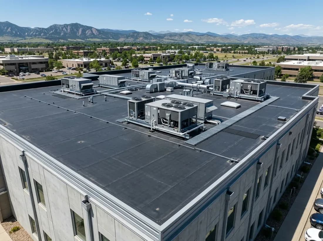 Illustrative representation of a black EPDM rubber membrane on a Colorado commercial roof