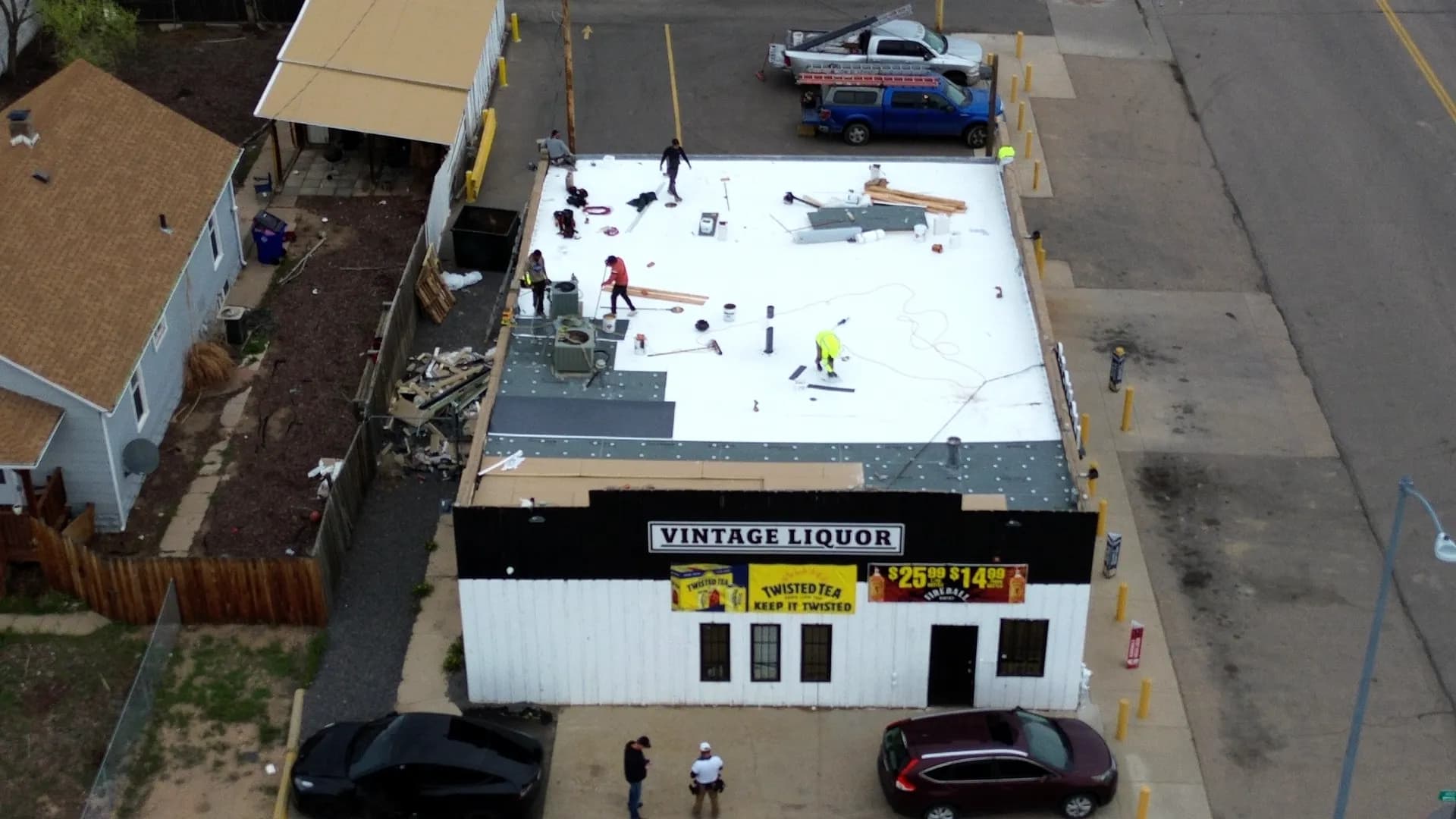 CRC crew installing a Johns Manville TPO commercial roof membrane in Greeley, Colorado