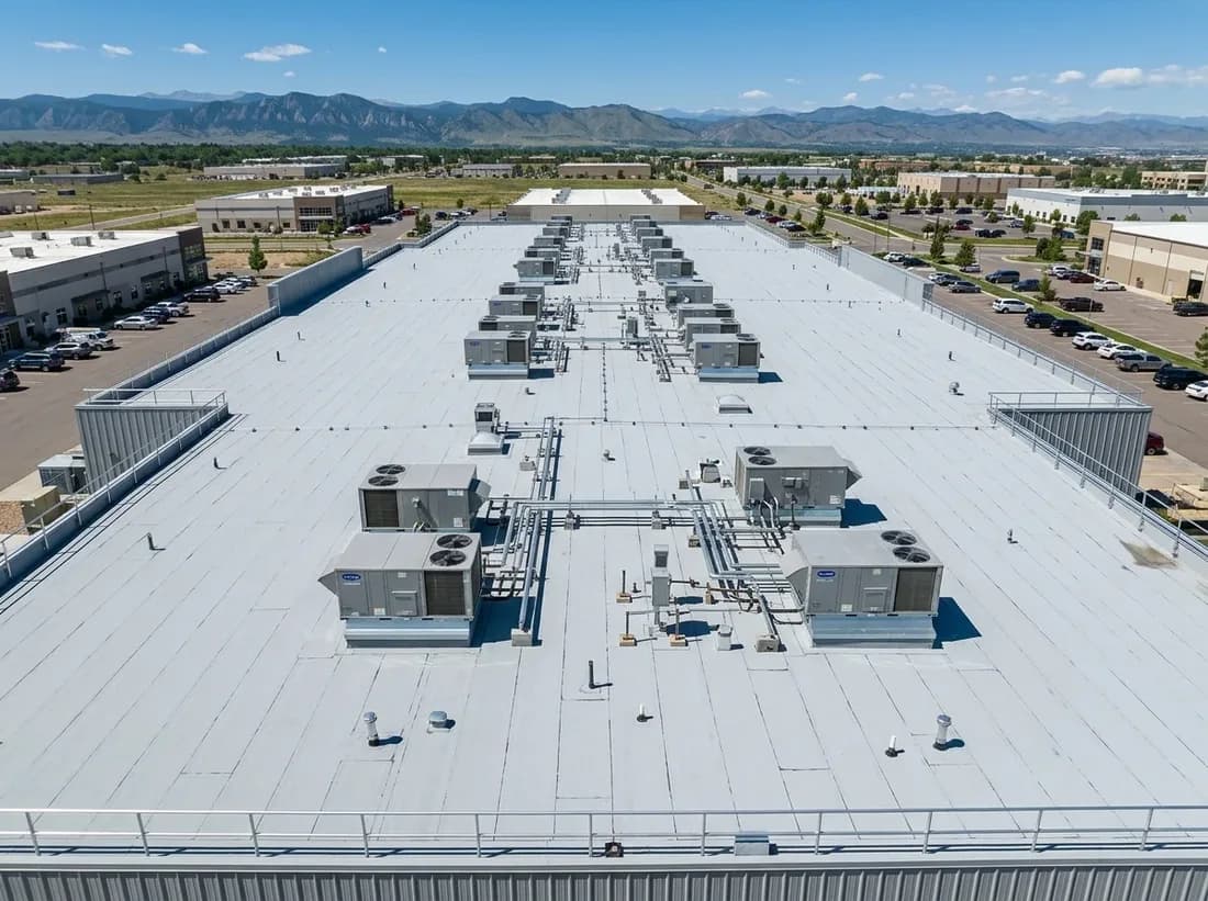 Illustrative representation of a light gray PVC single-ply membrane on a Colorado commercial roof