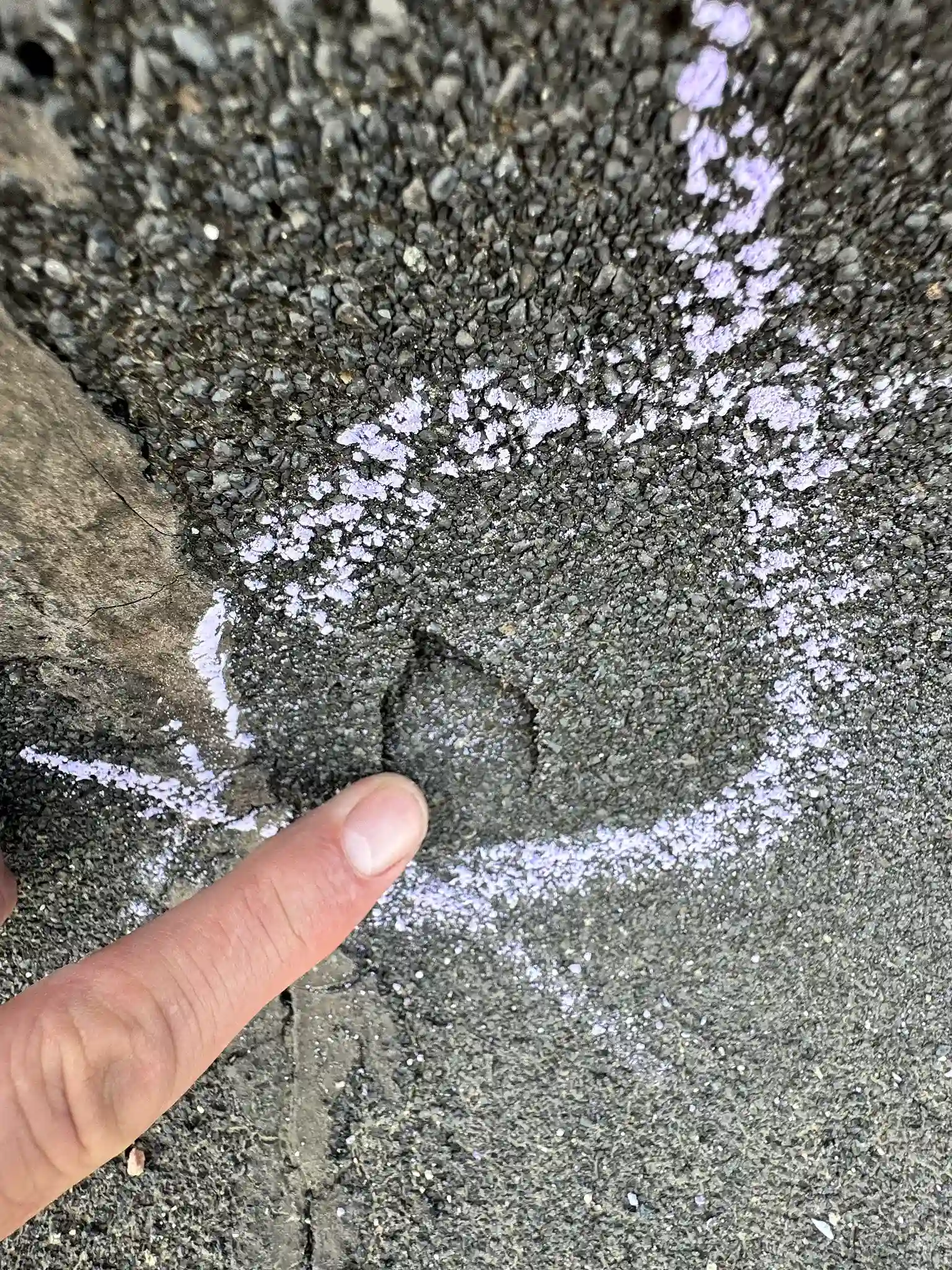Close-up inspection of a hail bruise on a granulated low-slope roof membrane in Greeley, Colorado, with the granules displaced and the mat exposed