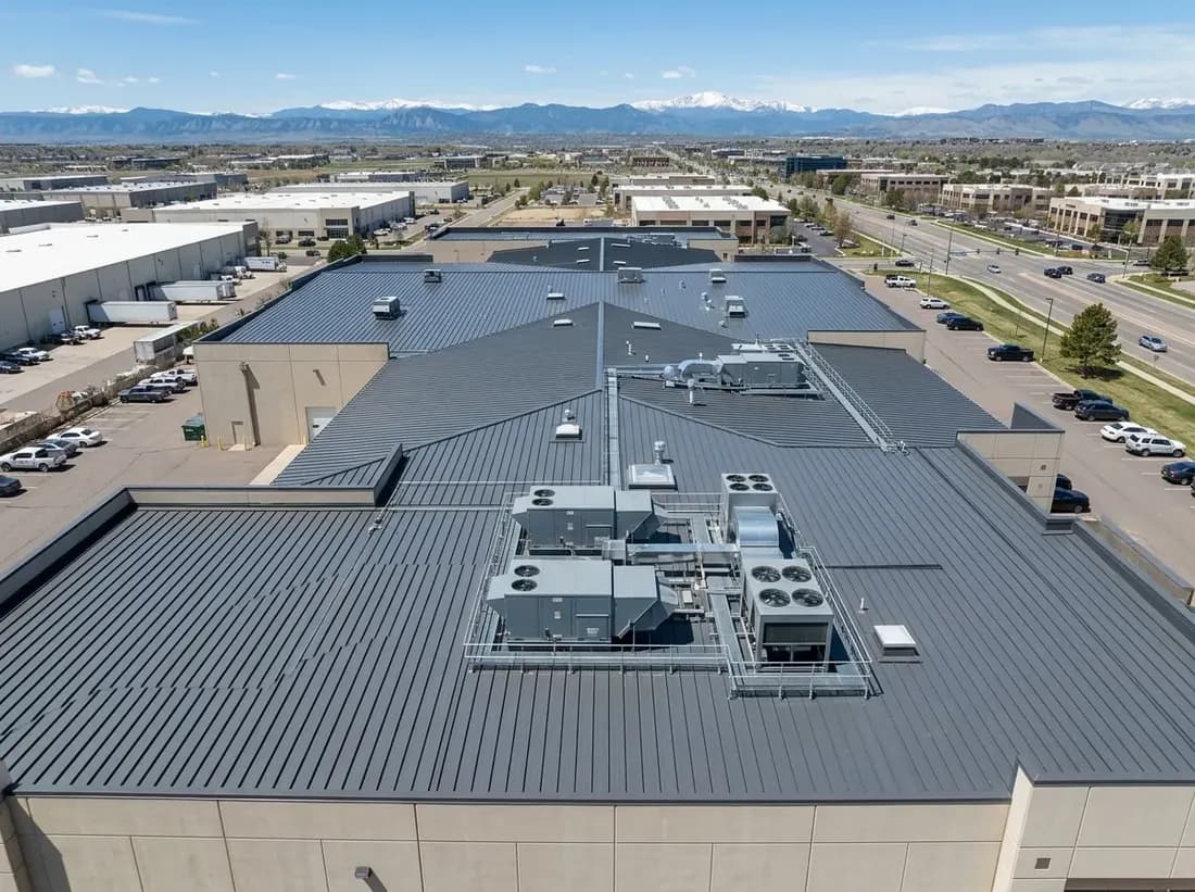 Illustrative representation of a charcoal standing-seam metal roof on a Colorado commercial building