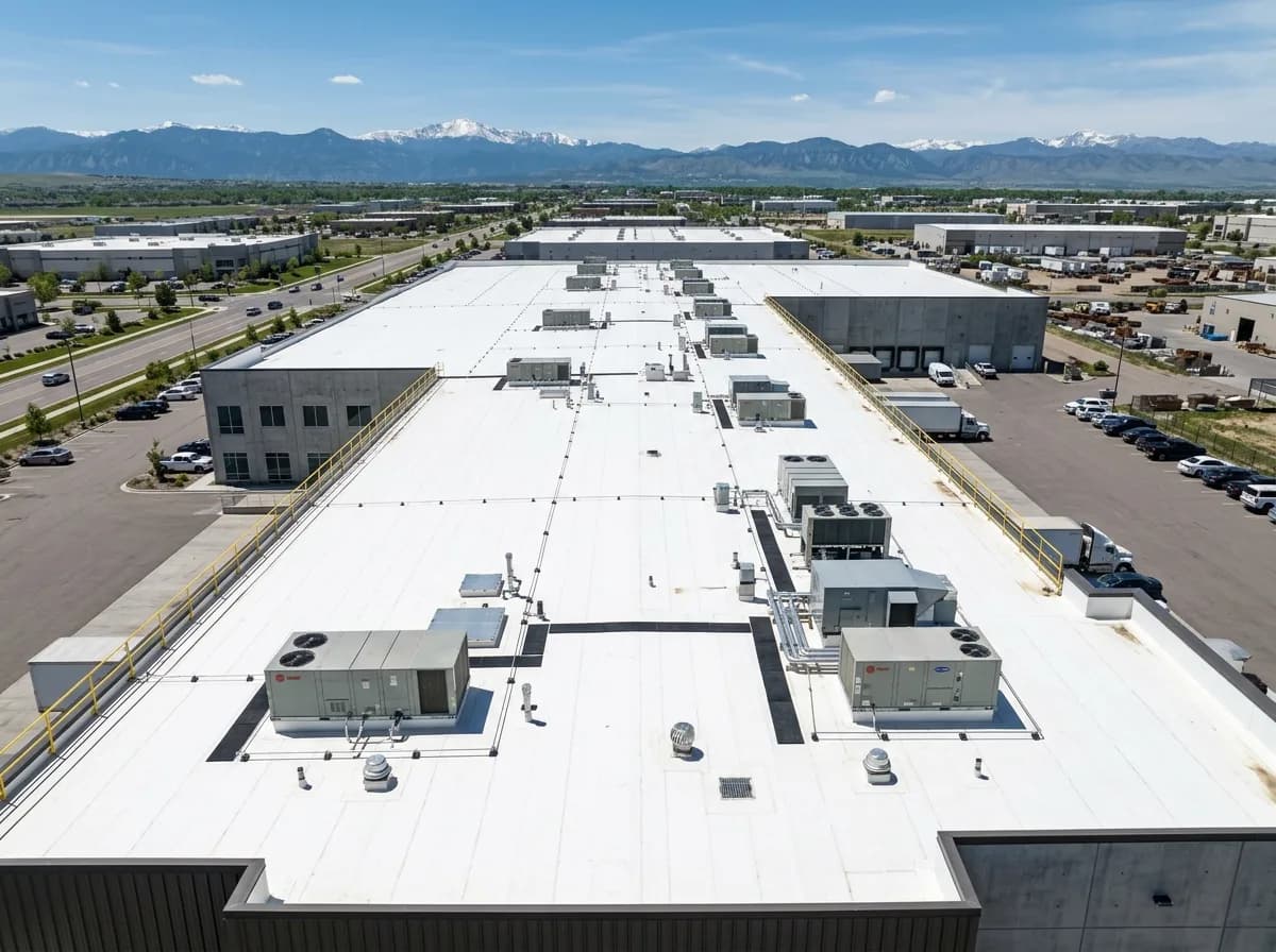Illustrative representation of a white TPO single-ply membrane on a Colorado commercial roof