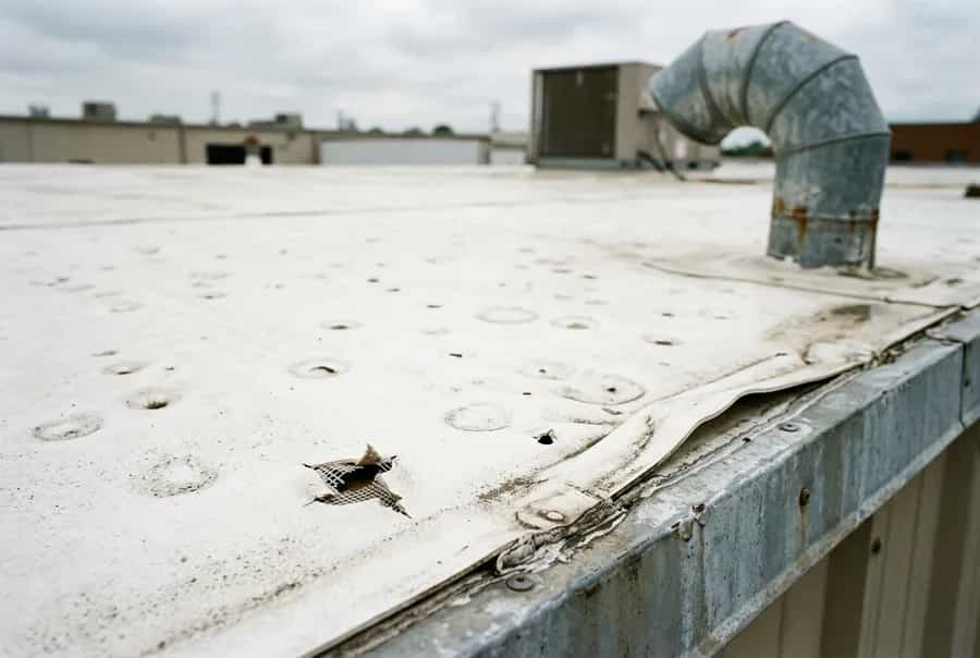 Illustrative representation of a commercial low-slope membrane roof in Colorado with standing water near a roof drain
