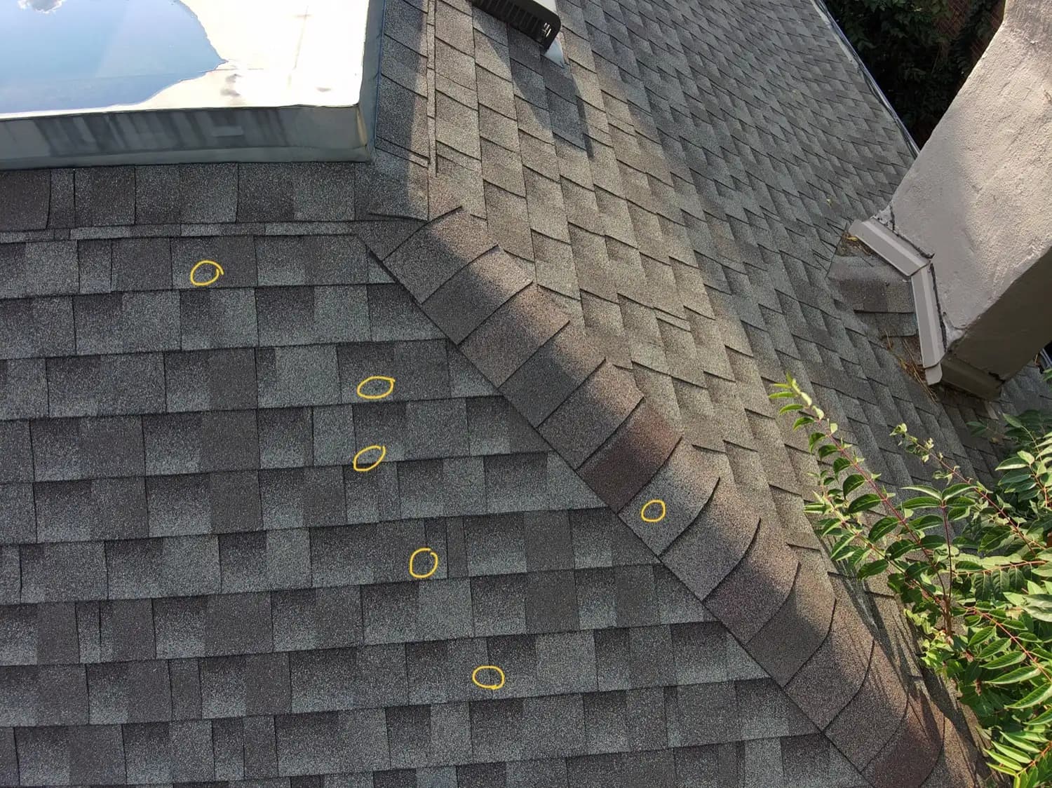 Original gray shingle roof in Denver, Colorado with individual hail impacts circled in yellow across the slope beside a skylight
