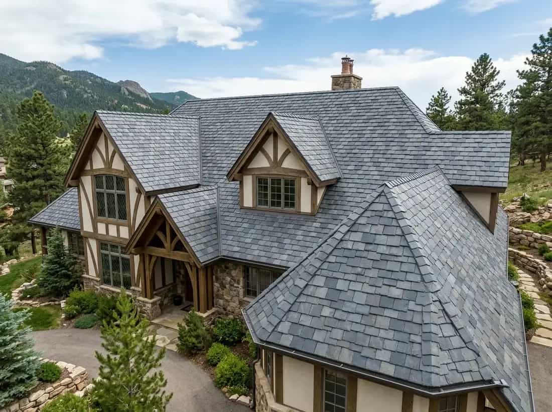 Illustrative representation of a synthetic composite slate roof on an upscale Colorado home