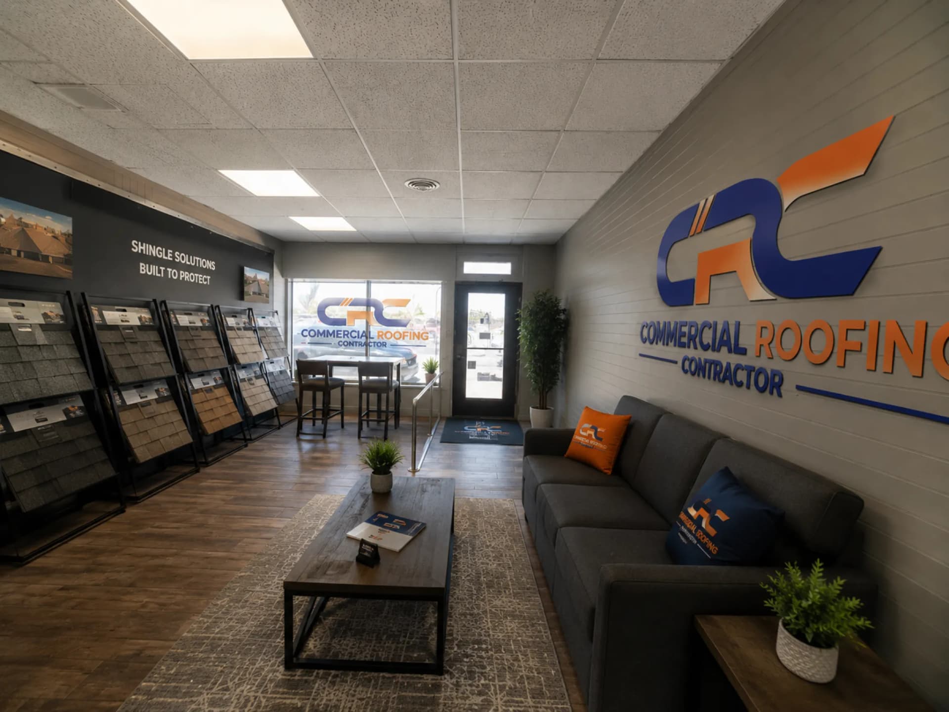 The Commercial Roofing Contractor Scottsbluff office showroom, with the company logo on the wall and shingle sample displays