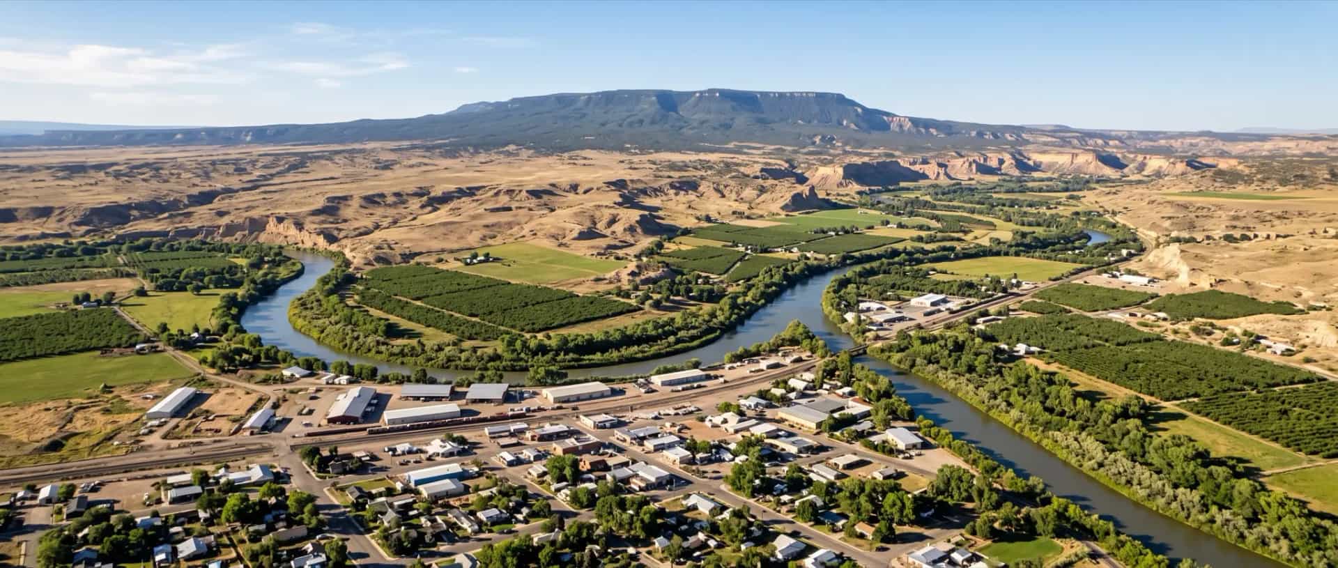 Illustrative representation of small-town rooftops and irrigated orchard rows in Delta, Colorado where the Gunnison and Uncompahgre rivers meet