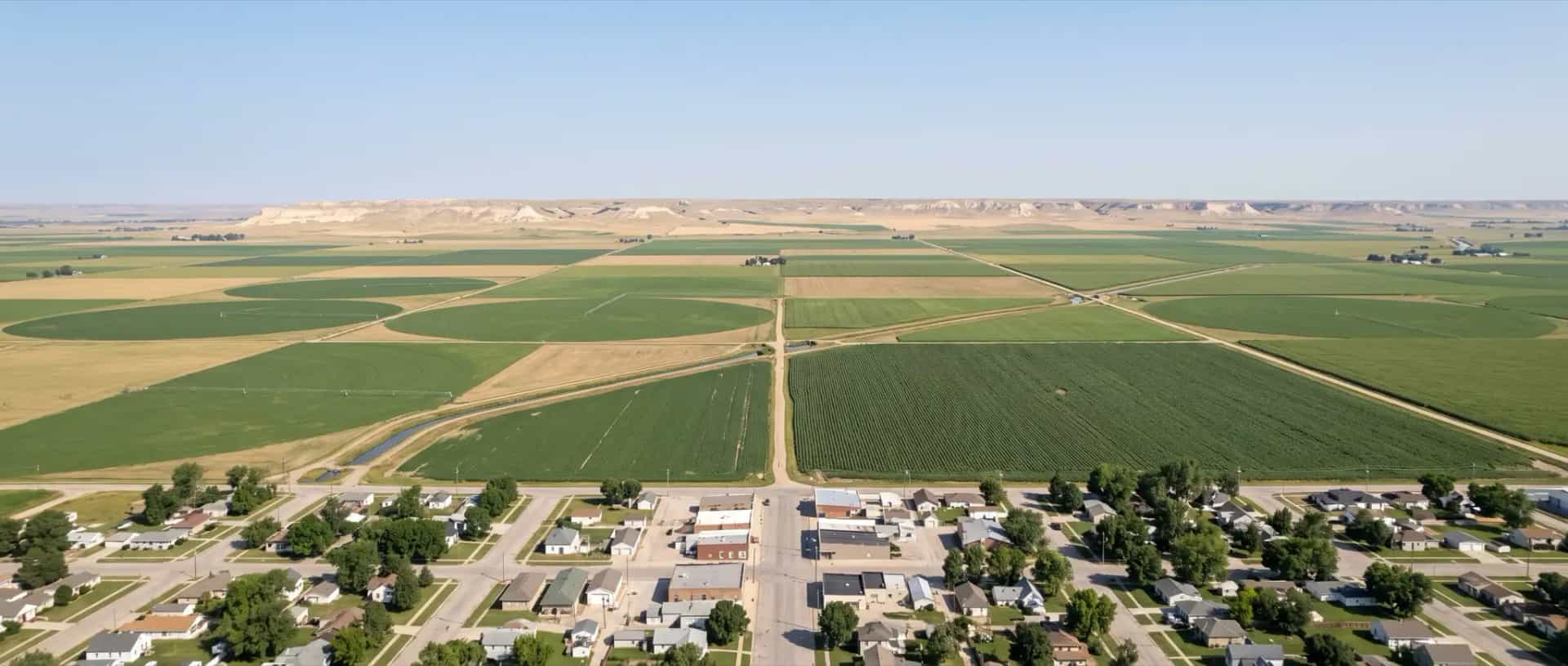 Illustrative representation of a small town surrounded by irrigated farmland at Mitchell, Nebraska in the western North Platte valley