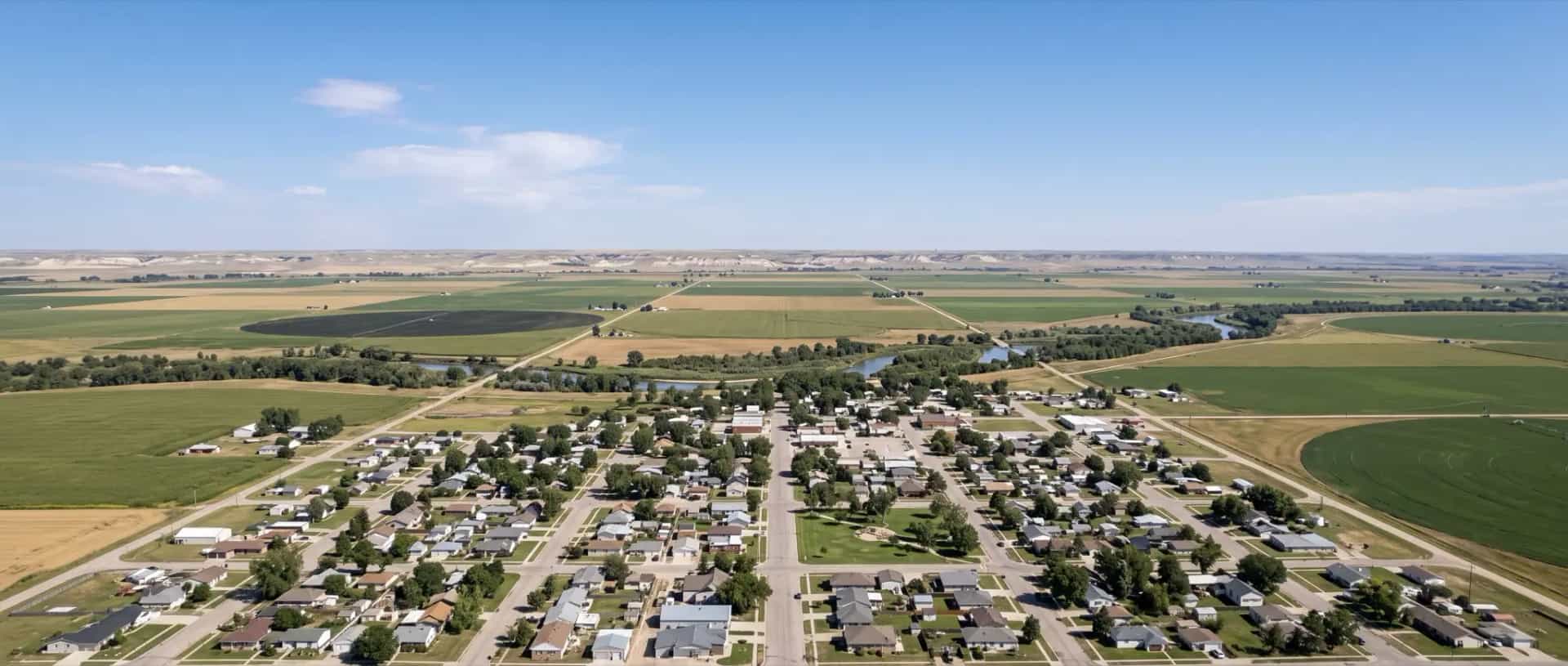 Illustrative representation of a small town on the flat North Platte valley floor at Terrytown, Nebraska, surrounded by irrigated farmland