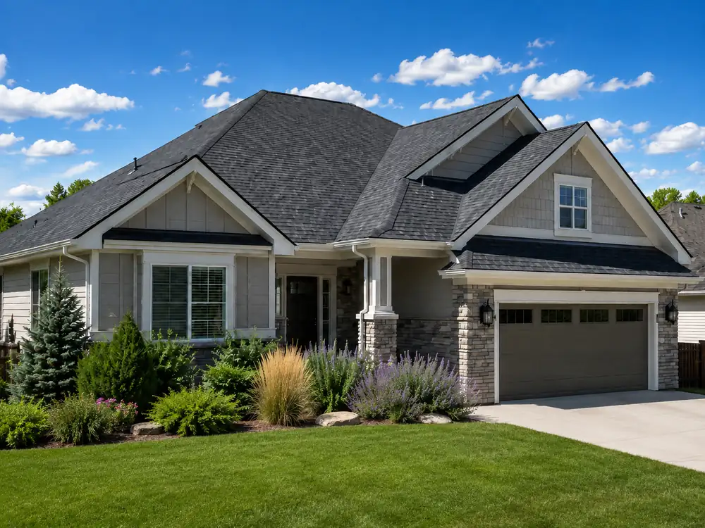 Asphalt shingle roof on a Colorado home with a clear blue sky