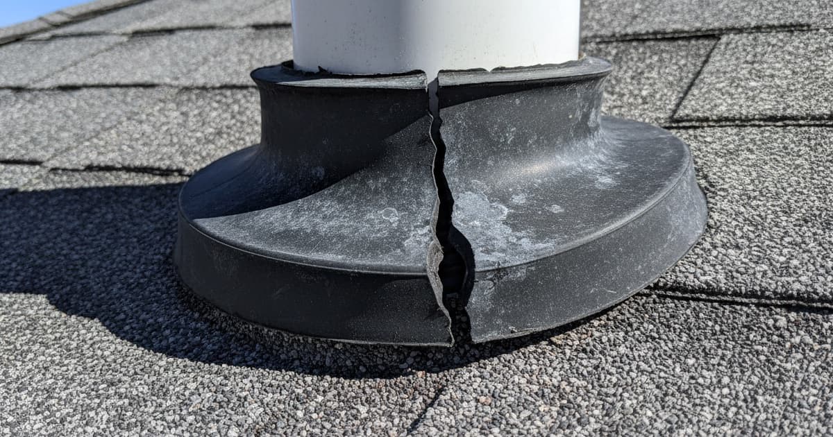 Cracked rubber pipe boot collar around a plumbing vent pipe on an asphalt shingle roof