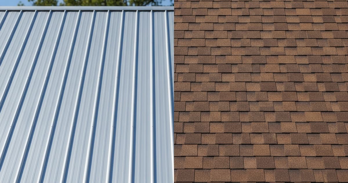 Illustrative representation of a standing seam metal roof beside an architectural asphalt shingle roof on a Colorado home with mountains behind