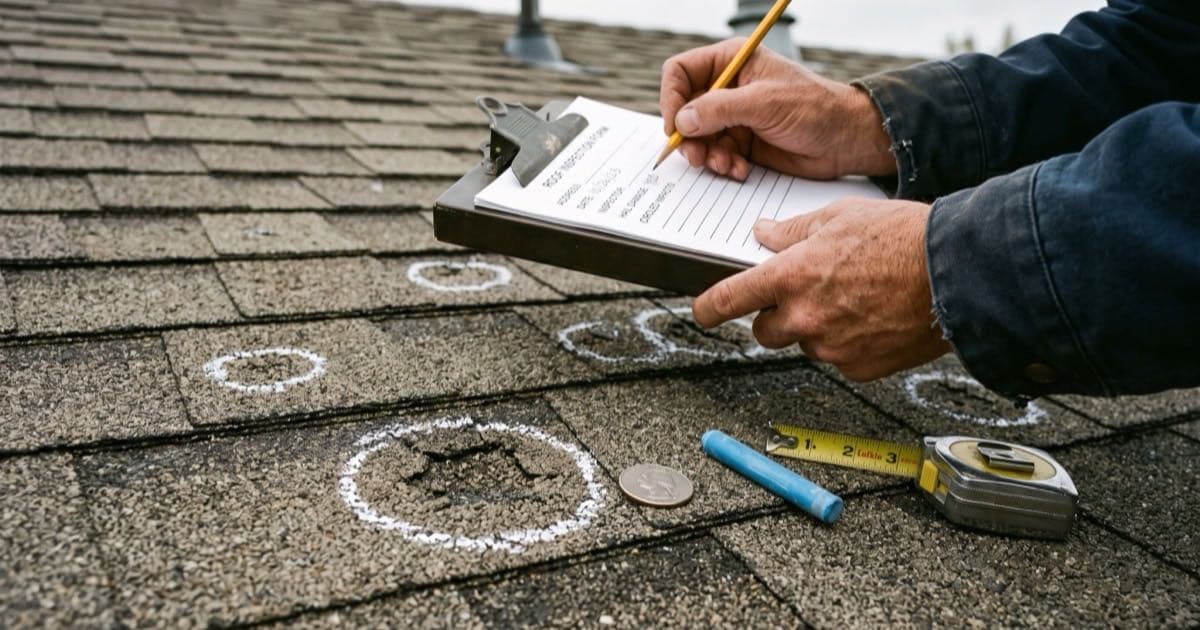 Illustrative representation of a roof inspection in progress, with hail impacts circled in chalk on asphalt shingles beside a clipboard, coin and tape measure for scale