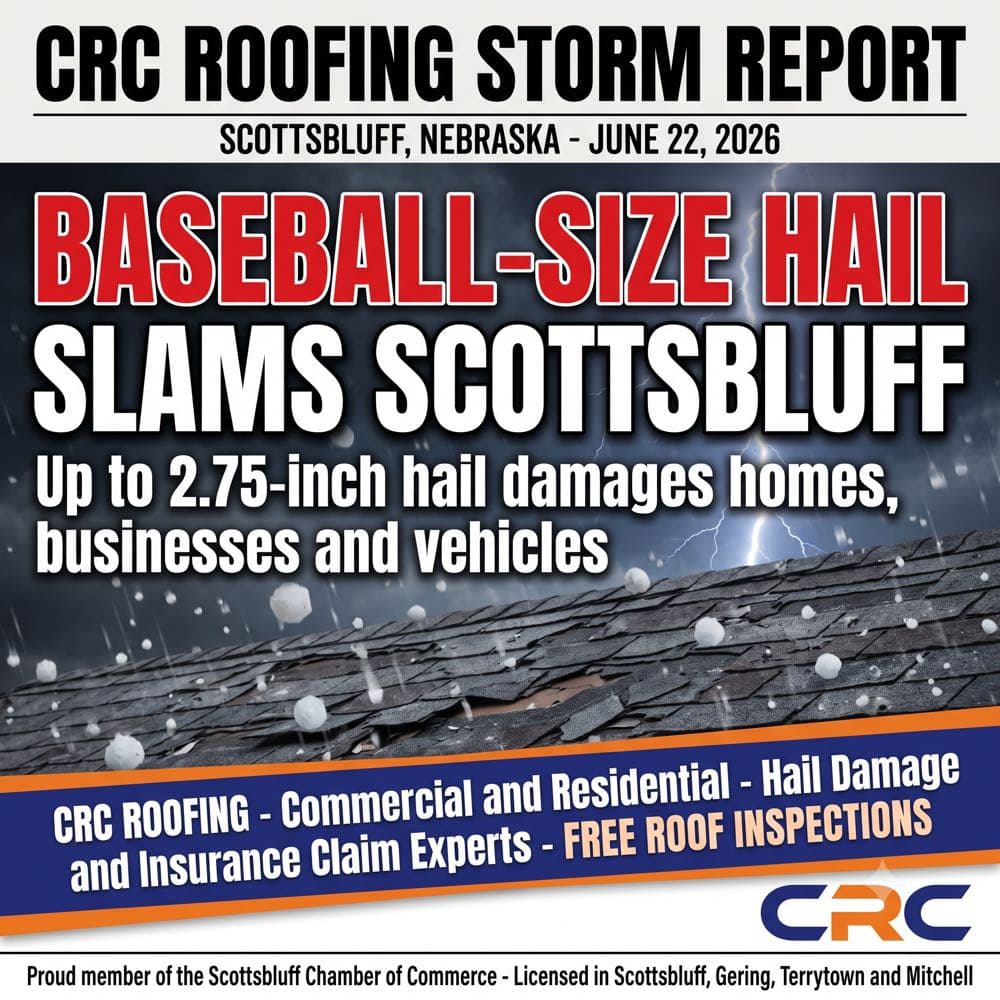 Illustrative CRC Roofing storm-report graphic announcing that baseball-size hail hit Scottsbluff, Nebraska on June 22, 2026, with free roof inspections