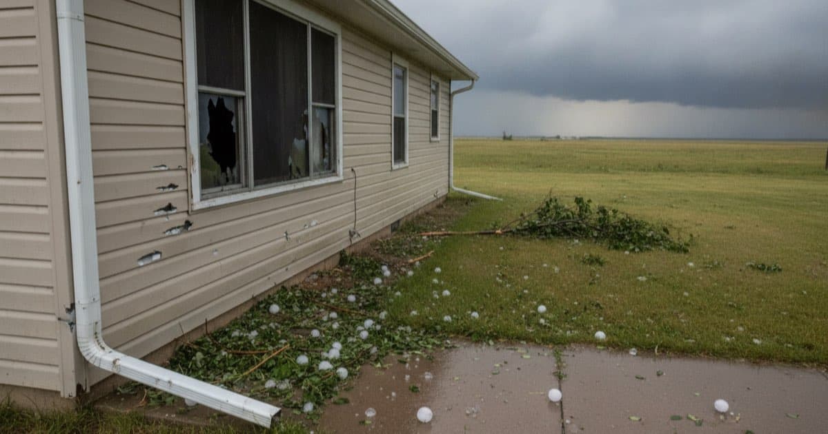 Illustrative representation of hail damage to a Nebraska home: punctured vinyl siding, a broken window, a dented downspout, and golf ball sized hailstones melting on the grass