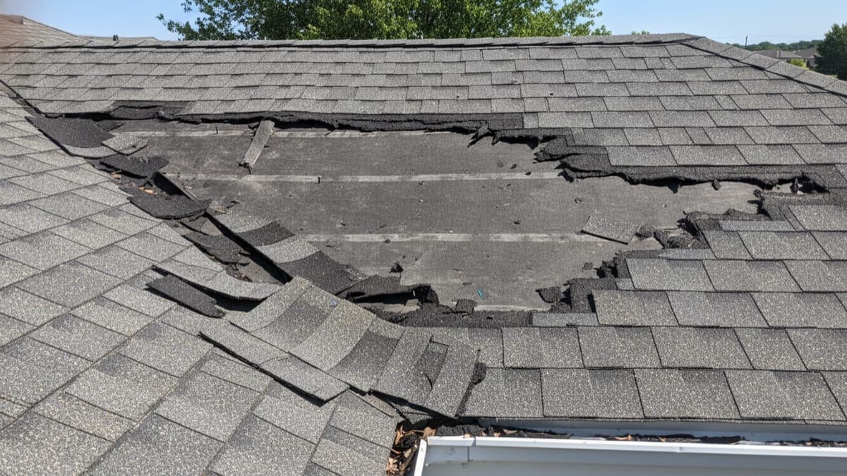 Illustrative representation of a residential roof with several shingles blown off, exposing the underlayment