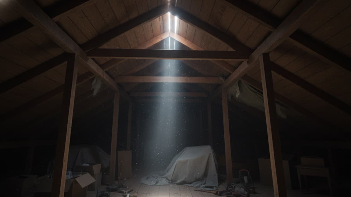Illustrative representation of a dim attic with a beam of daylight shining through a gap in the roof decking