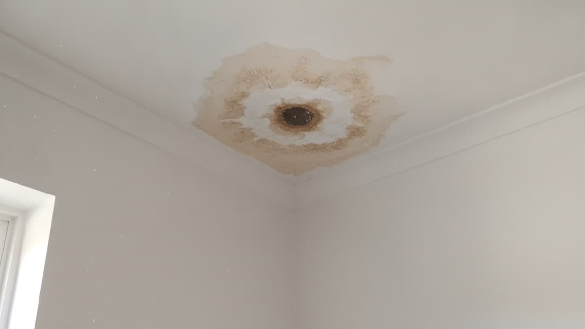 Illustrative representation of a brown water stain on an interior ceiling caused by a roof leak