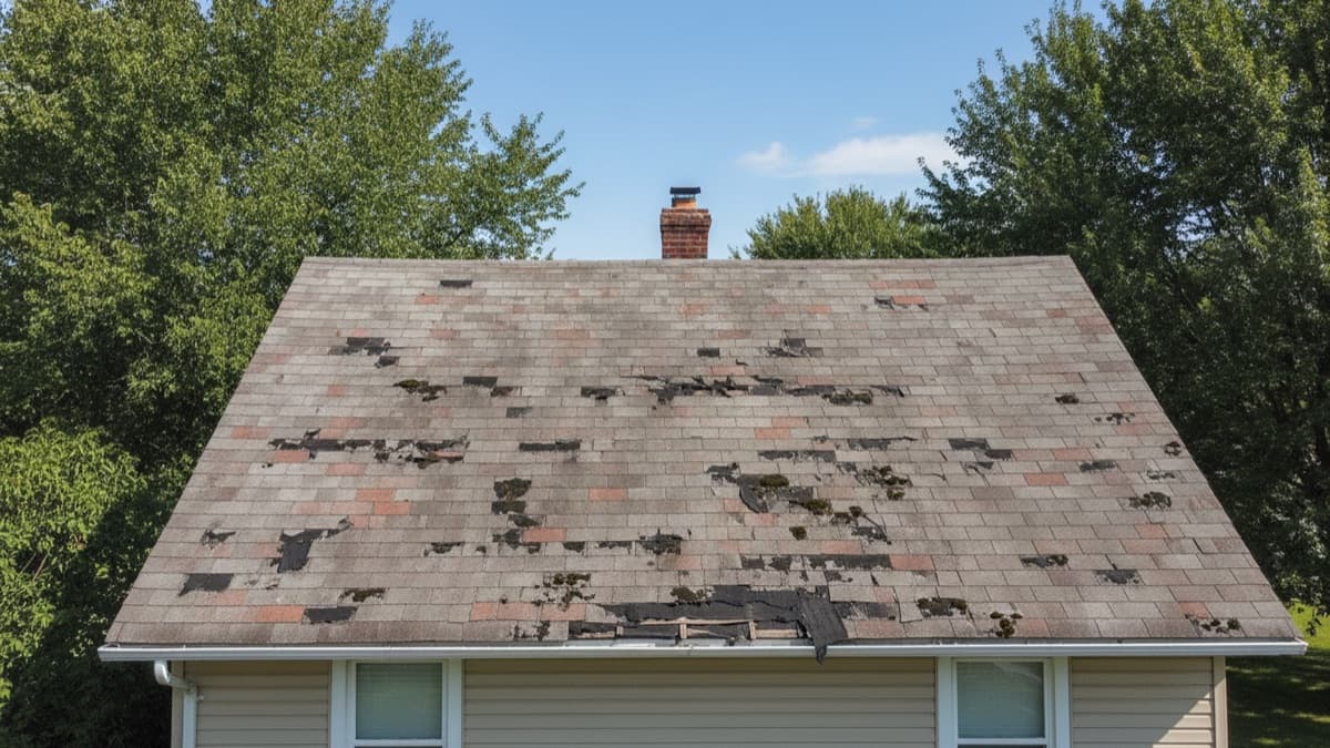 Illustrative representation of an old, worn asphalt shingle roof with faded and deteriorating shingles across the whole roof
