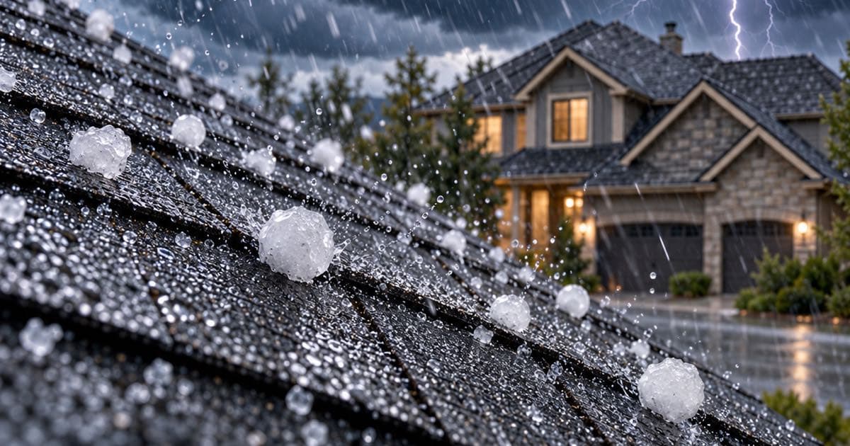 Illustrative representation of hailstones striking an asphalt shingle roof during a thunderstorm, with a home in the background. Not a photograph of a CRC project