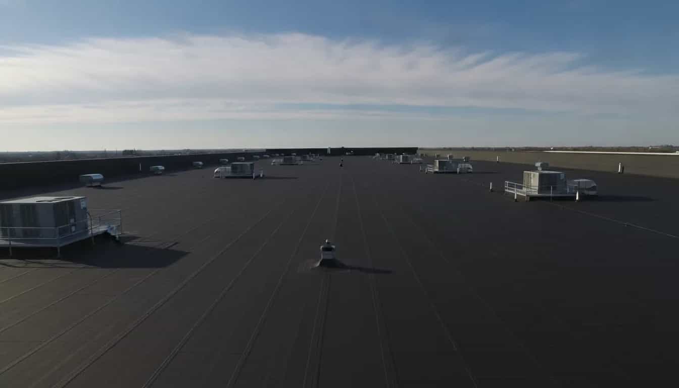Illustrative representation of a black EPDM rubber membrane roof on a Colorado commercial building
