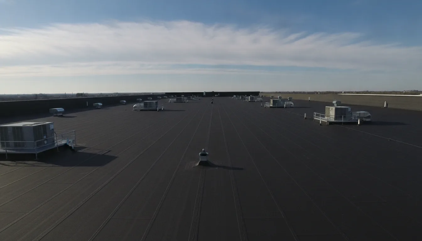 Illustrative representation of a black EPDM rubber membrane roof on a Colorado commercial building