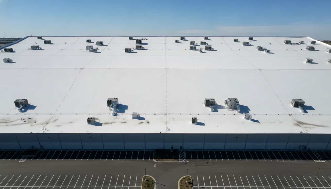 Illustrative representation of a large industrial warehouse roof in Colorado