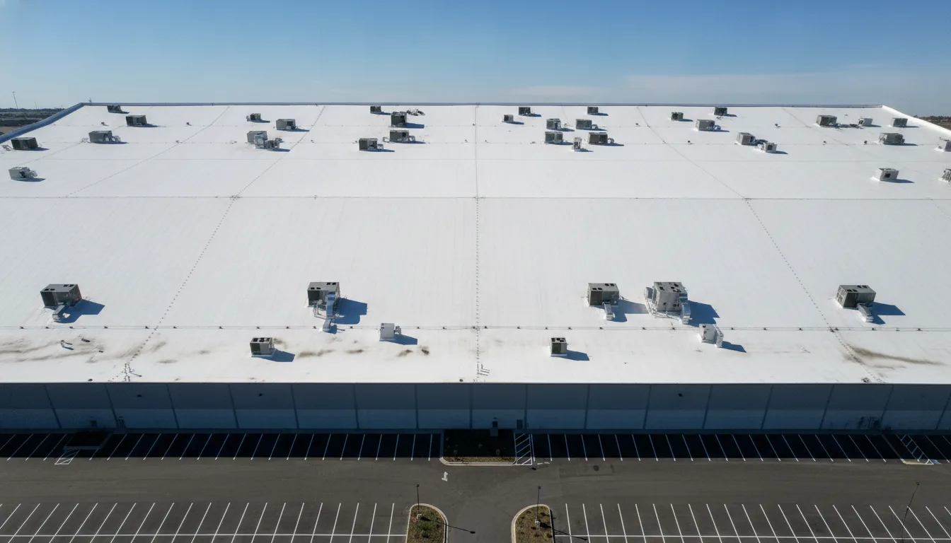 Illustrative representation of a large industrial warehouse roof in Colorado