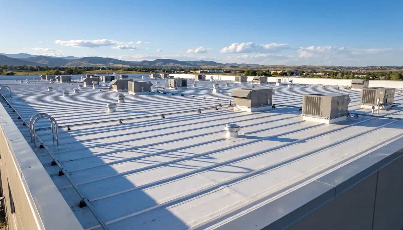 Illustrative representation of a white PVC single-ply membrane roof with hot-air welded lap seams and rooftop HVAC units on a Colorado commercial building