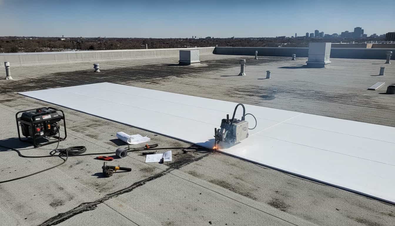 Illustrative representation of a commercial roof membrane repair in progress