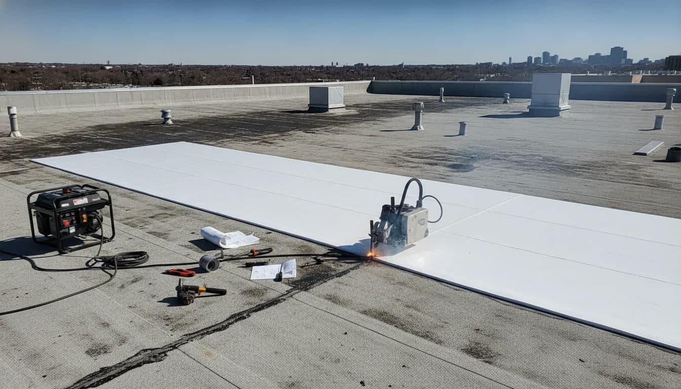 Illustrative representation of a commercial roof membrane repair in progress