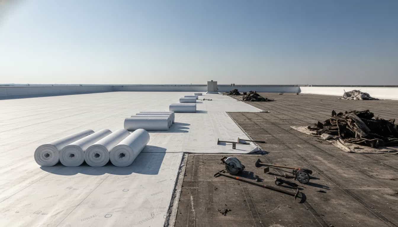 Illustrative representation of a commercial roof replacement in progress