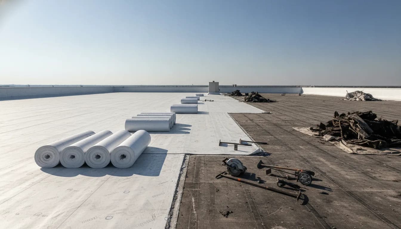 Illustrative representation of a commercial roof replacement in progress