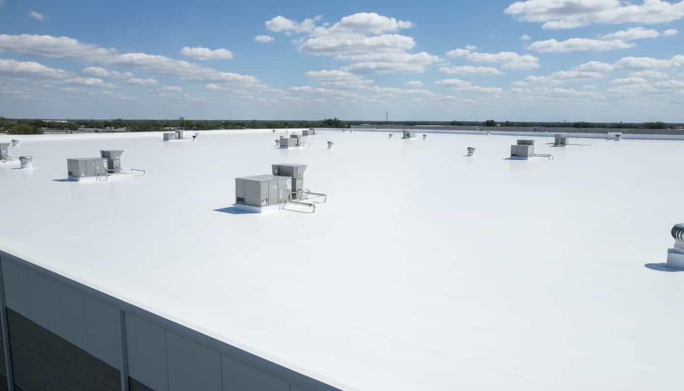 Illustrative representation of a white TPO membrane roof on a Colorado commercial building