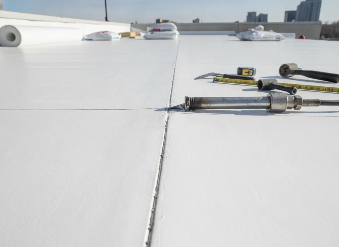 Illustrative material detail of a white TPO membrane seam with roofing tools